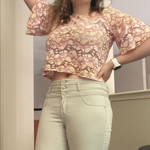 Zara pink and white lace crochet crop top